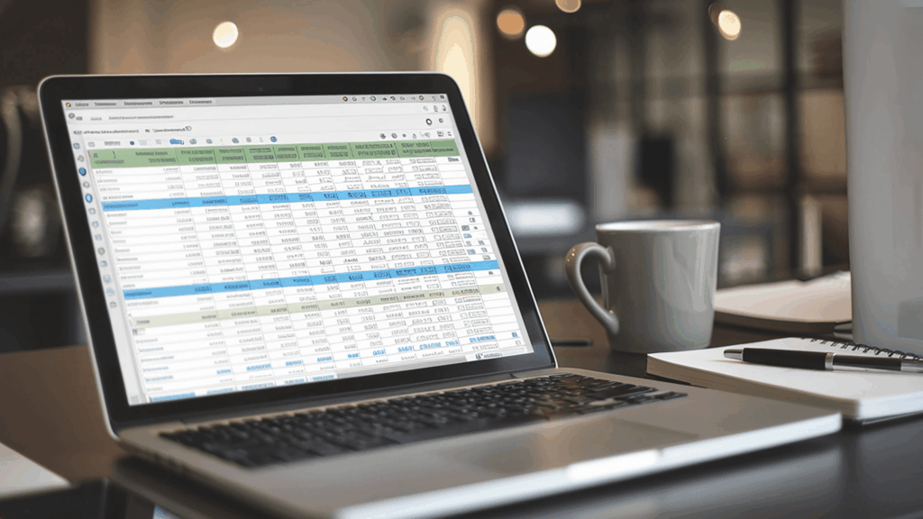 Notebook exibindo planilha detalhada de escrituração contábil sobre mesa de escritório com xícara de café e caderno, simbolizando o controle financeiro completo do negócio.